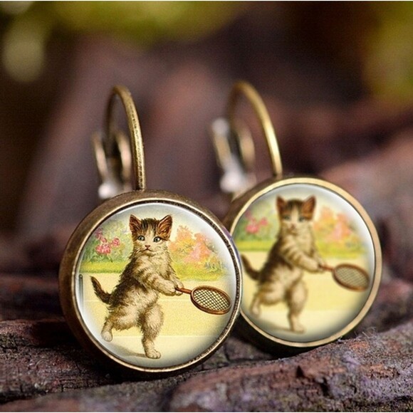 Vintage-style Playful Cat earrings Glass Cabochon Jacket Copper Alloy earrings - Picture 3 of 8